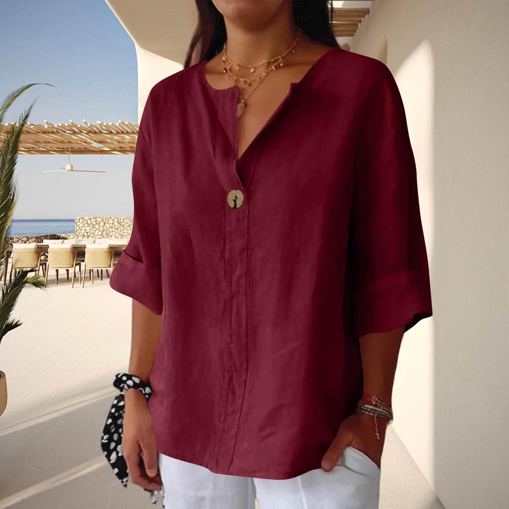 Women V Neck Button Front 3/4 Sleeve Cotton Linen Top Loose Fit Casual Blouse Lightweight Breathable Shirt for Daily Wear