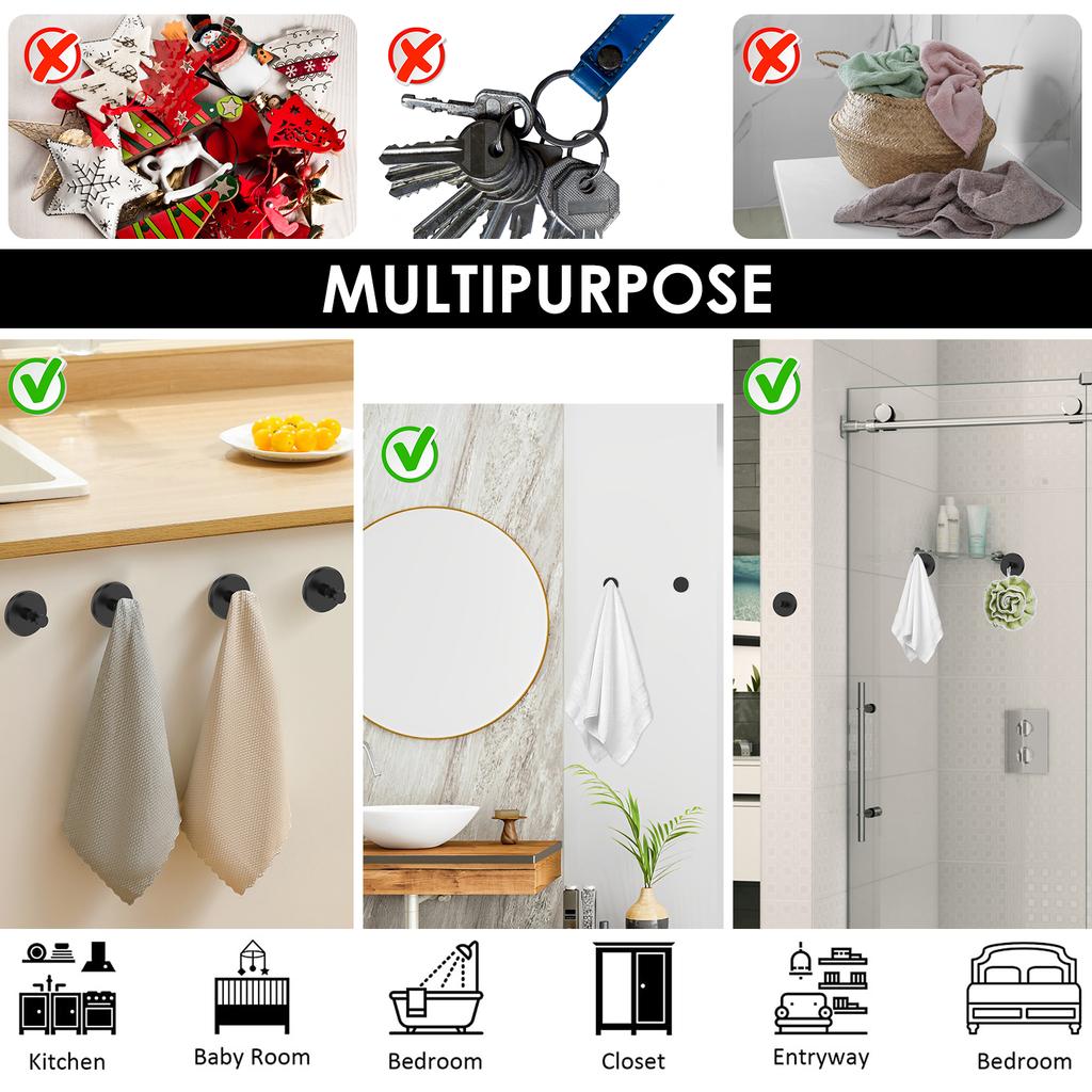 4Pcs Suction Cup Hooks Stainless Steel Bathroom Towel Clothes Holder Wall Mount Kitchen Shower Strong Suction Sucker Hooks