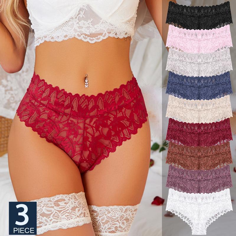 3PCS/Set Women Floral Lace Panties Sexy Perspective G-String High Waist Underpants Female Breathable Intimates Lingerie