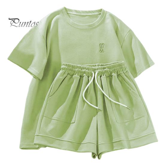 

2 шт./комплект Жіноча футболка Шорти Костюм Круглий виріз Суцільний колір Короткі рукави Топ Шнурки Еластичний пояс Вільні штани Жіночий спортивний костюм Повсякденний щоденний одяг 2XL зелений