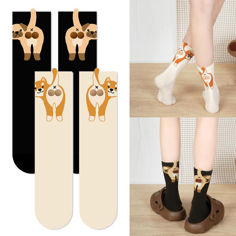 1/2Pair Cartoon Cute Dog/Cat Balls Cotton Socks Lolita Knitting Socks Women Girls Middle Tube Sleep Sock Pet Print Floor Sock