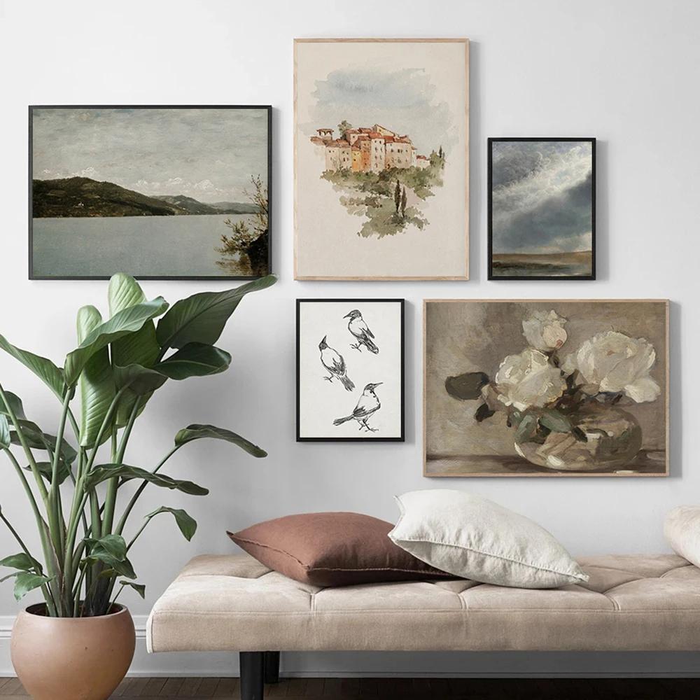 Nordic Canvas Posters and Prints for Home Decoration, Vintage Gallery Wall Print, Lake, Cloud, Landscape, Flower Paintings, Livi