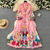 Spring Autumn Women Plus Size Print Single Breasted Long Maxi Seaside Holiday Beach Dresses with Belt