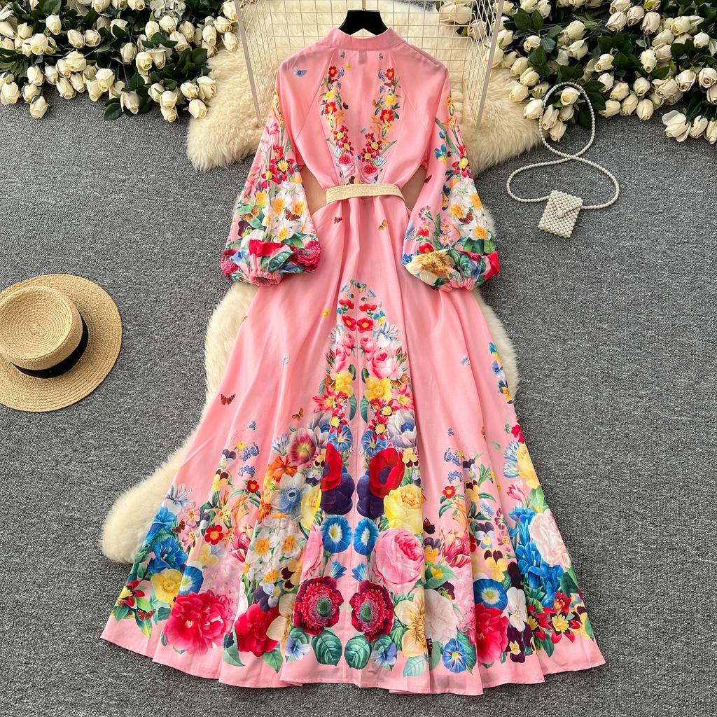 Spring Autumn Women Plus Size Print Single Breasted Long Maxi Seaside Holiday Beach Dresses with Belt