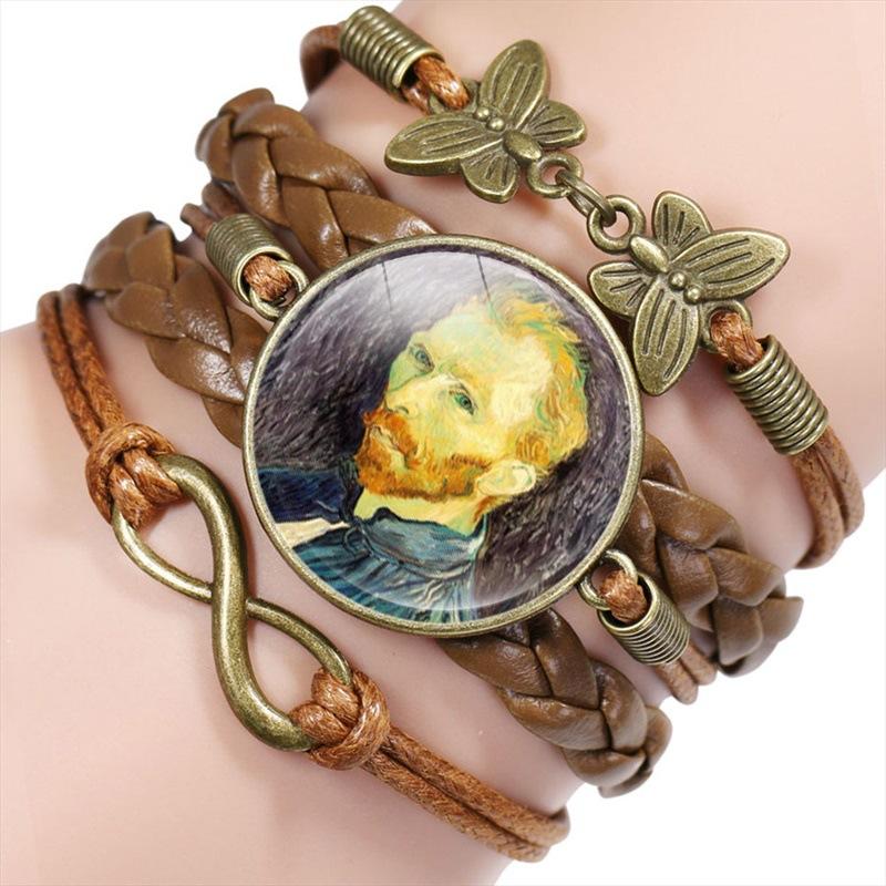 Vintage Handmade Leather Multi Layer Bracelet Butterfly Infinity Design Van Gogh Painting Crystal Bangle Jewelry Set