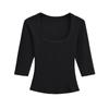 Women's Spicy Girl Deep U-Neck Sexy T-Shirt: Summer Slim-Fit, Elastic Mid-Sleeve, Pure Desire Top