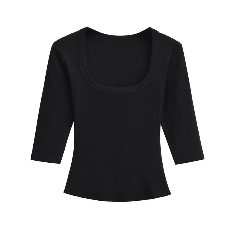 Women's Spicy Girl Deep U-Neck Sexy T-Shirt: Summer Slim-Fit, Elastic Mid-Sleeve, Pure Desire Top