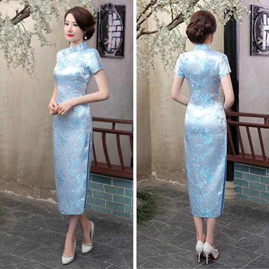 Traditional Chinese Women Long Cheongsam Bridesmaid Short Sleeve Evening Dress