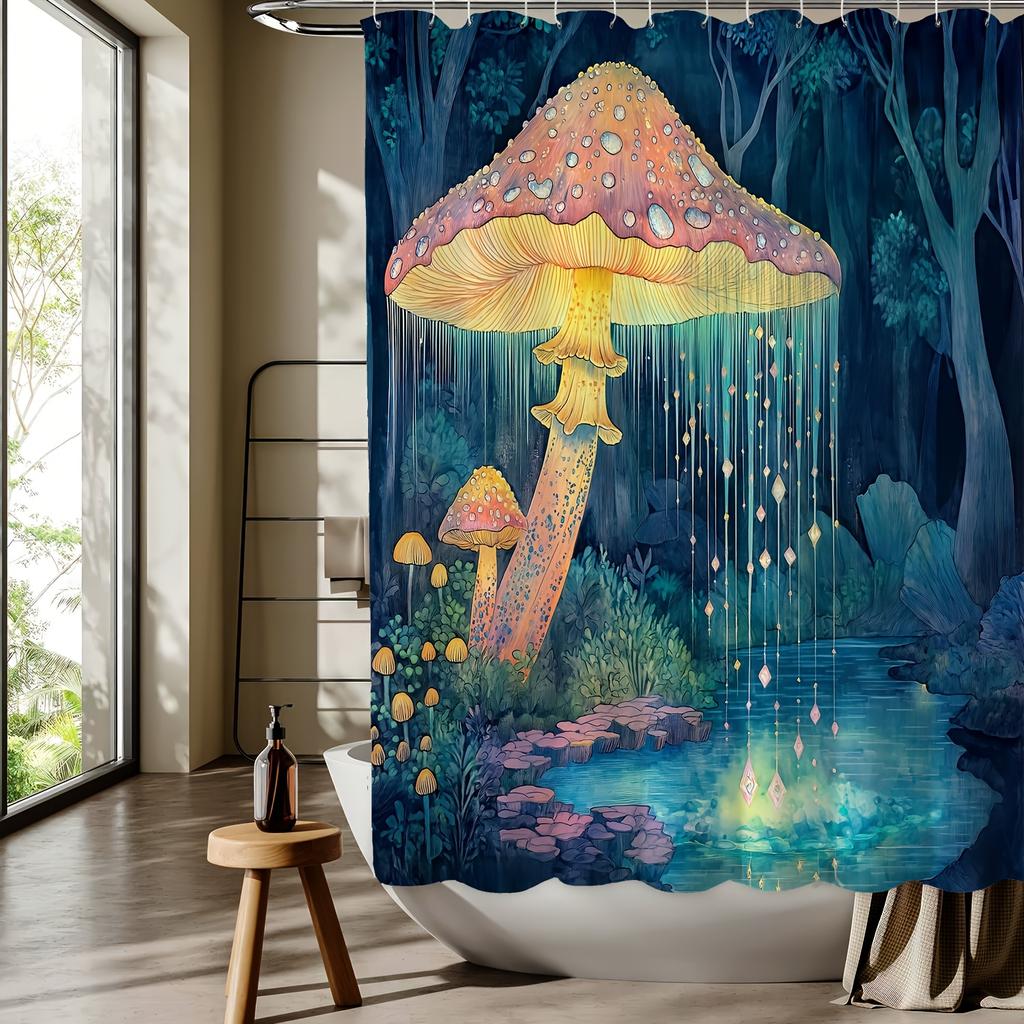Mushroom Forest Shower Curtain, Vibrant Digital Print, Sparkling Lights, Machine Washable, All-Season Polyester Bathroom Decor
