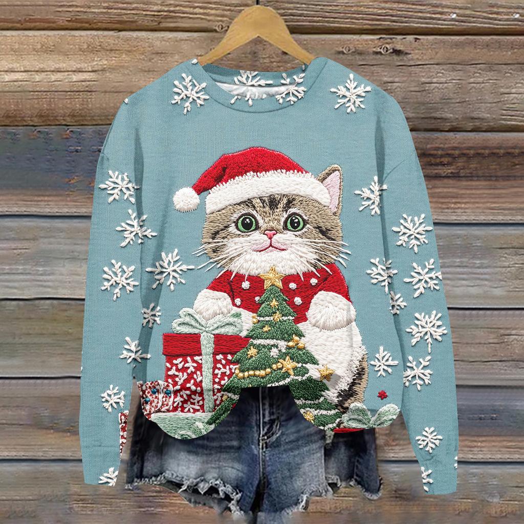 Ladies' Christmas Printed Casual Long Sleeved Round Neck Sports Hoodie Top