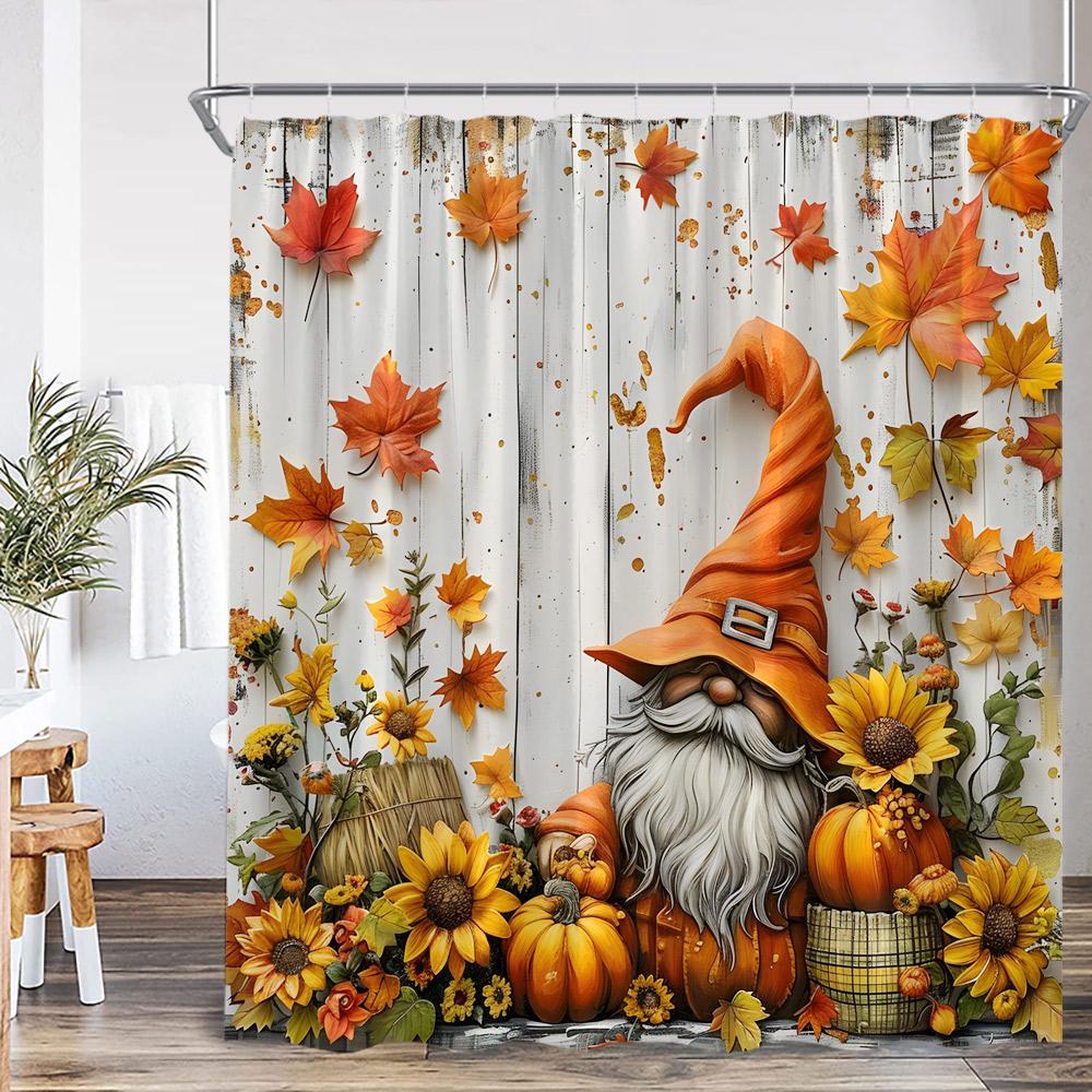 Fall Elf Shower Curtain Autumn Wooden Barn Door Pumpkin Sunflower Maple Bathroom Decor Nature Kid Child Bath Curtain with Hook