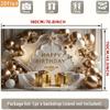 2D Gold Balloon Birthday Backdrop, Elegant White Gold Party Background Banner