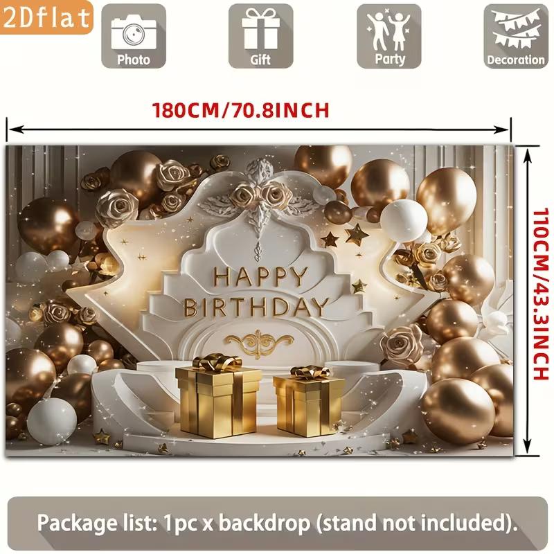 2D Gold Balloon Birthday Backdrop, Elegant White Gold Party Background Banner