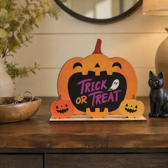 Halloween Home Festive Decor Wooden Table Sign, Cute Pumpkin Boo Ghost Solid Wood Sign Tabletop Centerpiece for Indoor Mantel Fireplace Smooth Holiday