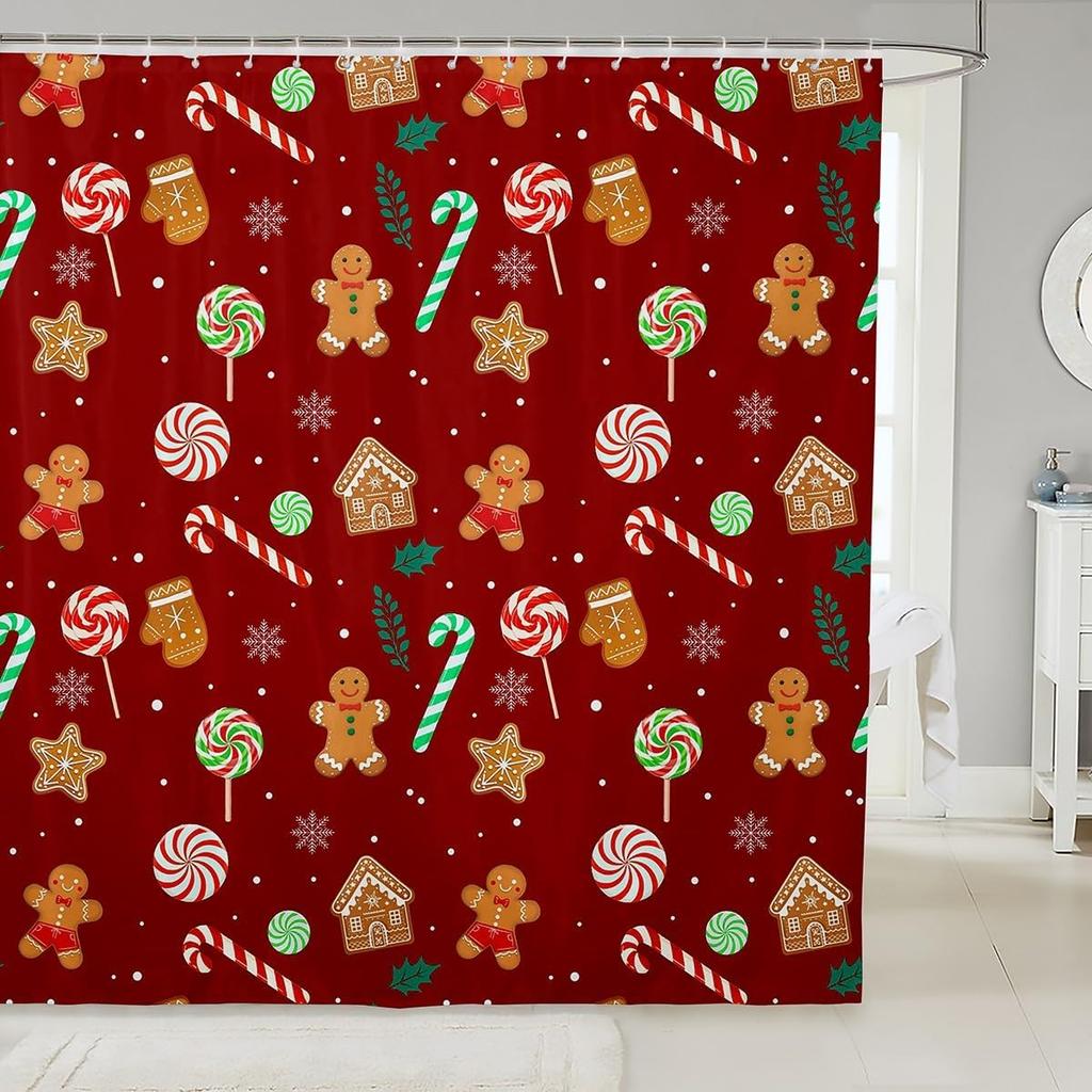 Merry Pink Christmas Shower Curtain,Cartoon Gingerbread Man Bathroom Curtain,Snowflakes Candy Fabric Shower Curtains,Happy New