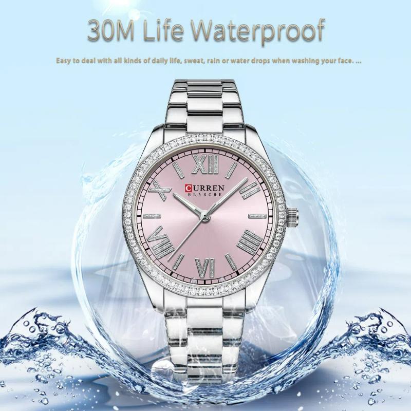CURREN NEW Luxury Stainless Steel Wristwatches for Ladies Romantic Rose Pink with Rhinestones Roman Numeral Dial