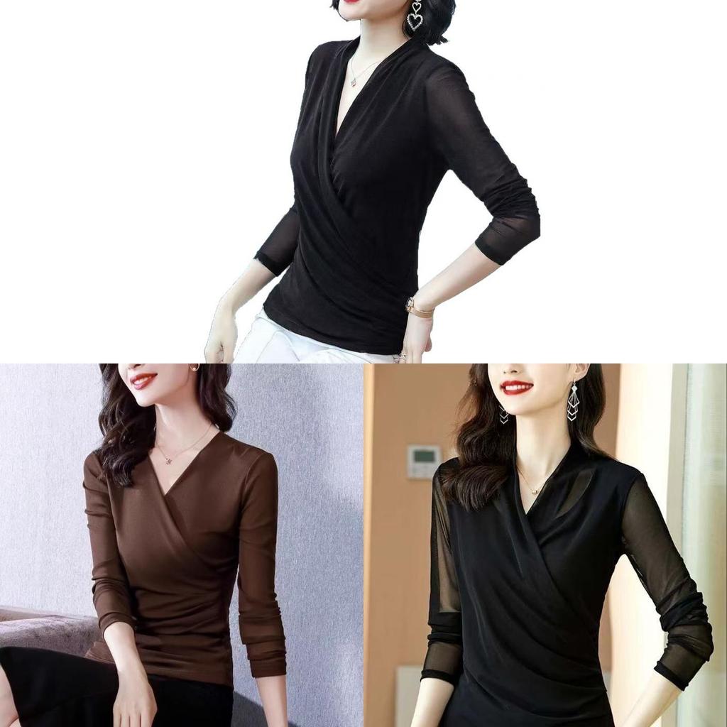 Elegant Womens V Neck Mesh Long Sleeve T Shirt With Spliced Design For Casual Wear