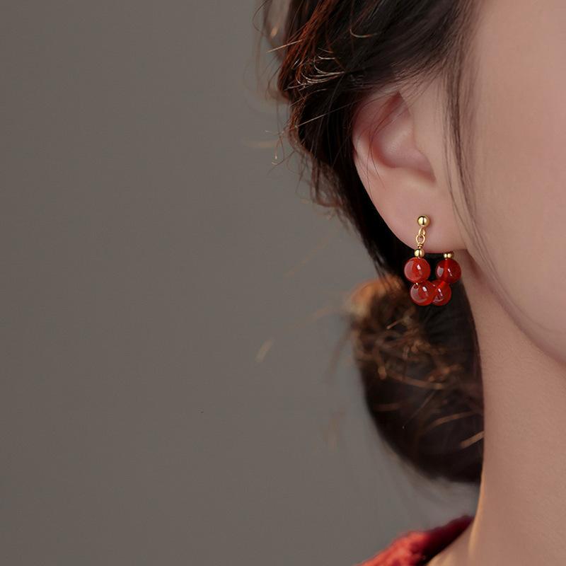 Nanhong Agate Earrings Retro Gold-Plated Chinese Beaded Earrings, New Festive Bride Positive Red Round Bead Earrings For Women