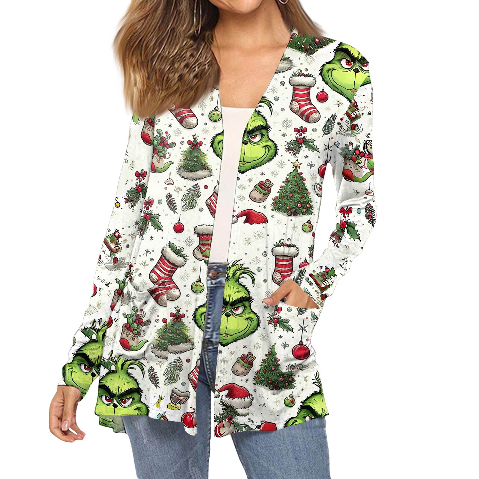 

Women s Fashion Christmas Print Long-Sleeved Pocketed Slim-Fit Cardigan Coat XL белый