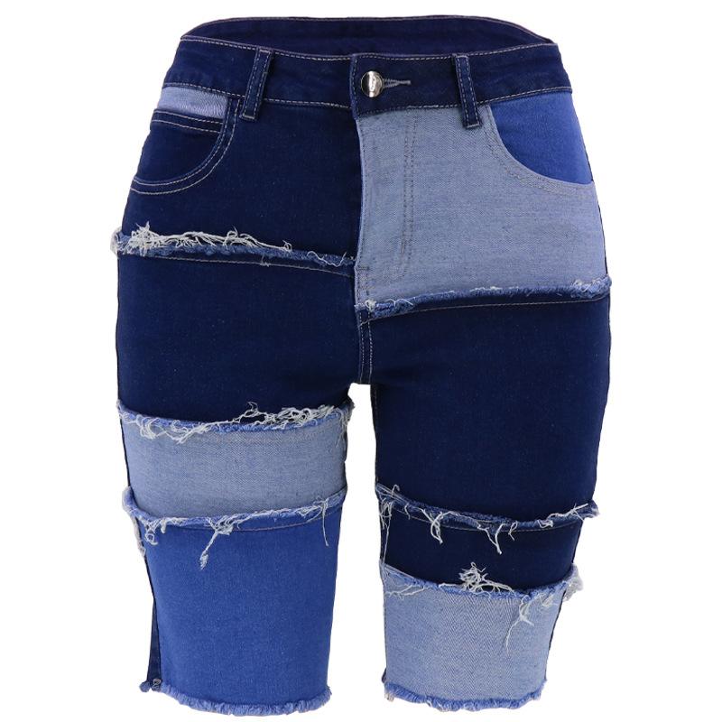 New 2026 women s denim shorts with stylish patchwork, unique mid-waist denim shorts for women S джинсовый синий