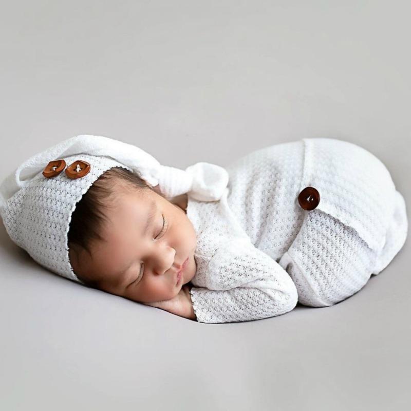 Newborn Photo Shoot 2-Piece Set: Knit Romper + Long-Tail Hat—European & American Style Outfit for Newborn Photography,Soft&Cute!