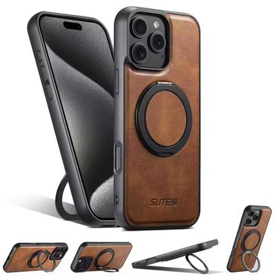 Silný magnetický kompatibilní MagSafe bezdrátové nabíjení 360° otočný prstenový stojánek PU kožené pouzdro na telefon pro iPhone 16 15 14 13 12 Pro Max Plus