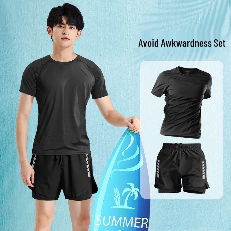 Men's Anti-Embarrassment Swimsuit Set: Square Leg Trunks & Full Swim Gear for Surfing and Diving