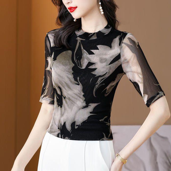 Modne drukowane siateczkowe koszulki z krótkim rękawem, okrągłym dekoltem, wykończona koszula damska, z pół rękawami, rozciągliwa, cienka lodowa jedwabna koszulka M-4XL