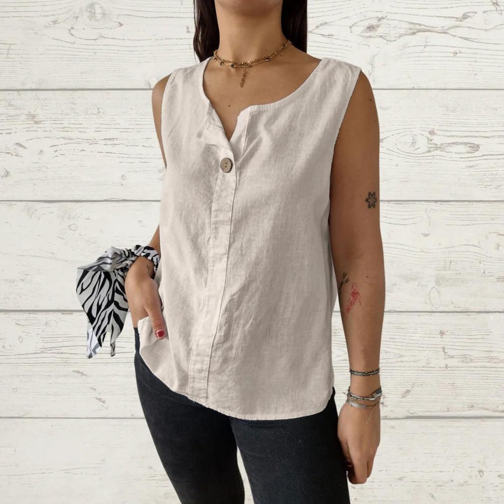 Women's Fashion Loose-Fit V-Neck Cotton-Linen Blend Sleeveless Button-Up Top