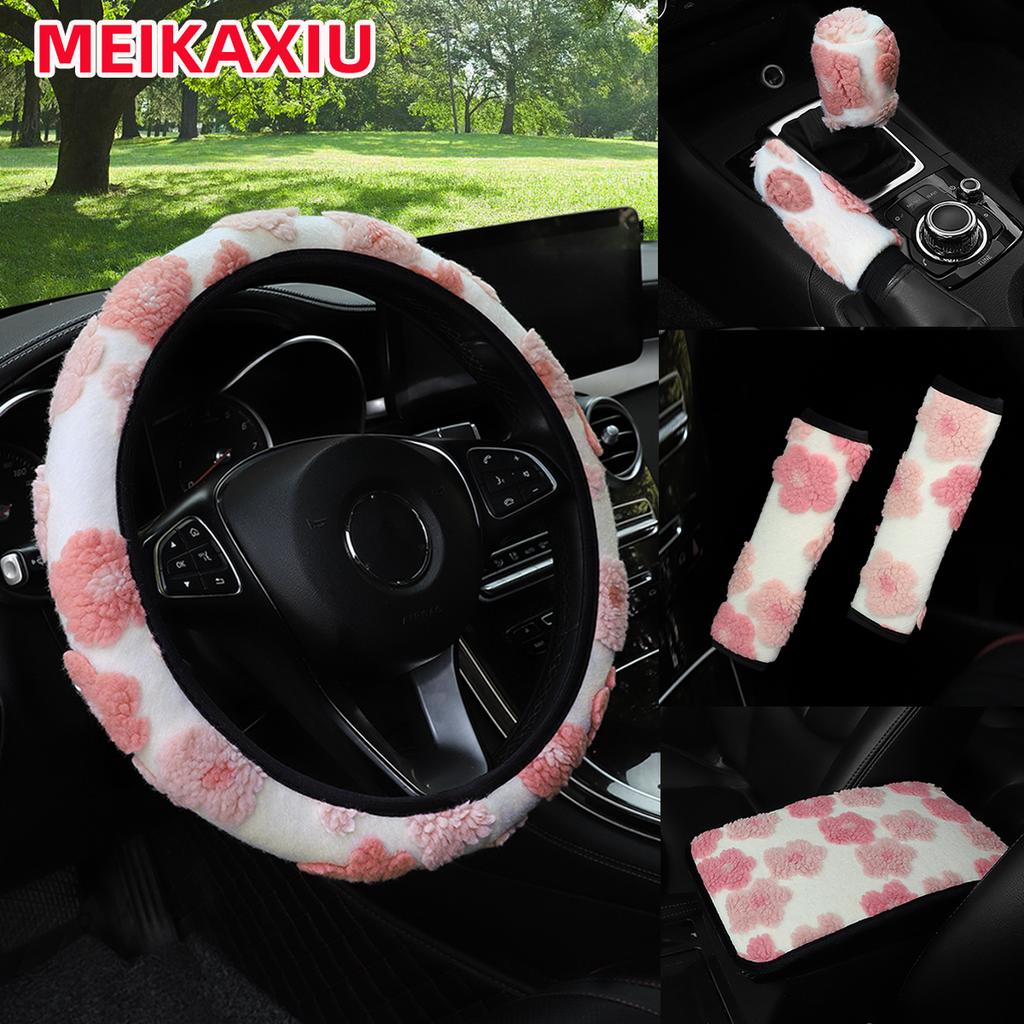 6pc Plush large flower car without inner ring steering wheel cover shoulder cover armrest pad handbrake cover file set for women