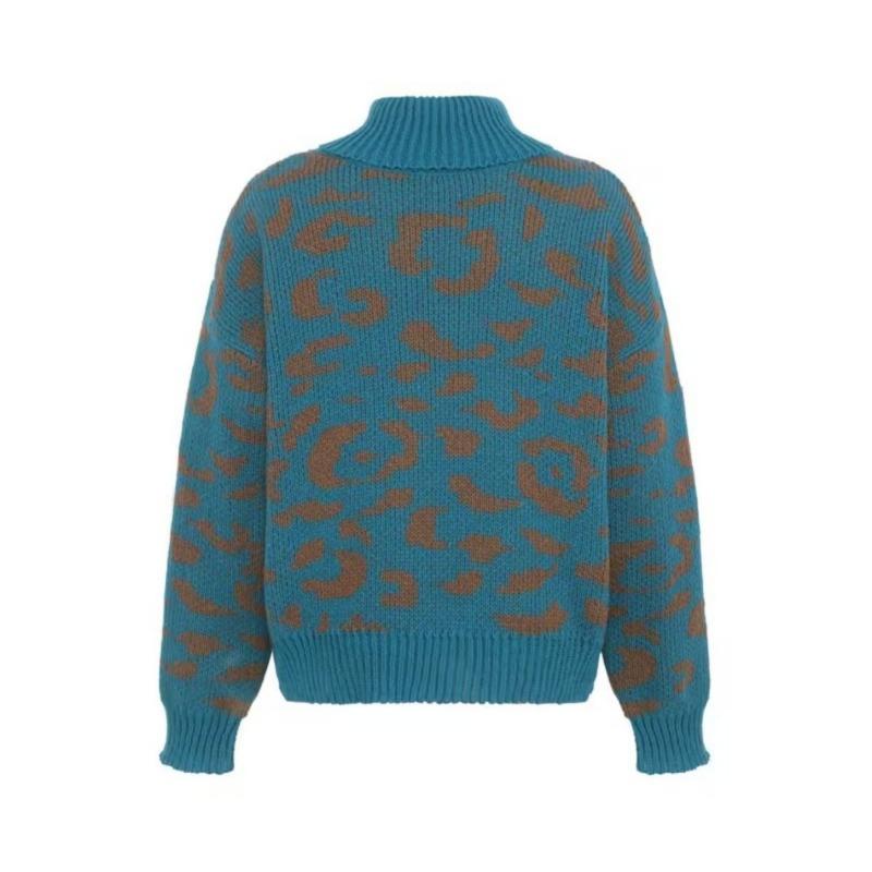 Women Loose Leopard Print Turn Down Collar Long Sleeve Pullover Knit Sweater