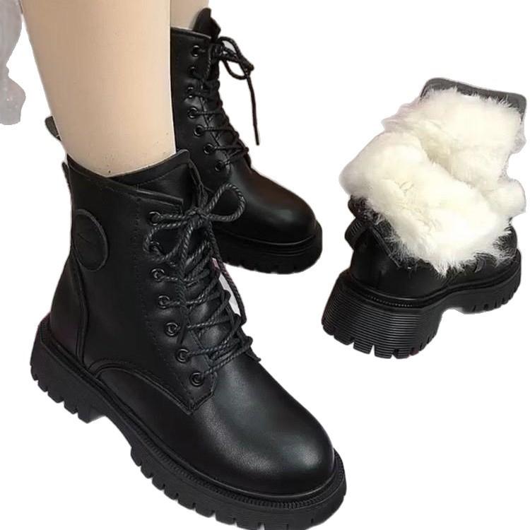 Women's Large Size Leather Soft Sole Increased Height Winter Warm Fur Snow Boots Padded Lined Ankle Boots Non-Slip Hiking Casual Sports Martin Boots