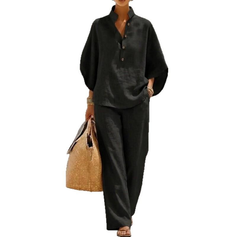 Bluse Leichte Baumwolle Set Knopfleiste Lässig Große Größen Oberteile Atmungsaktiv Ausgeh-Oberteile für Damen Kleidung für den Alltag Lounge Wear