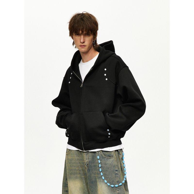 Men's 500g Heavy-Duty American-Style Studded Oversized Hooded Cardigan Sweatshirt, Unisex Design, Loose and Unique Trendy Jacket