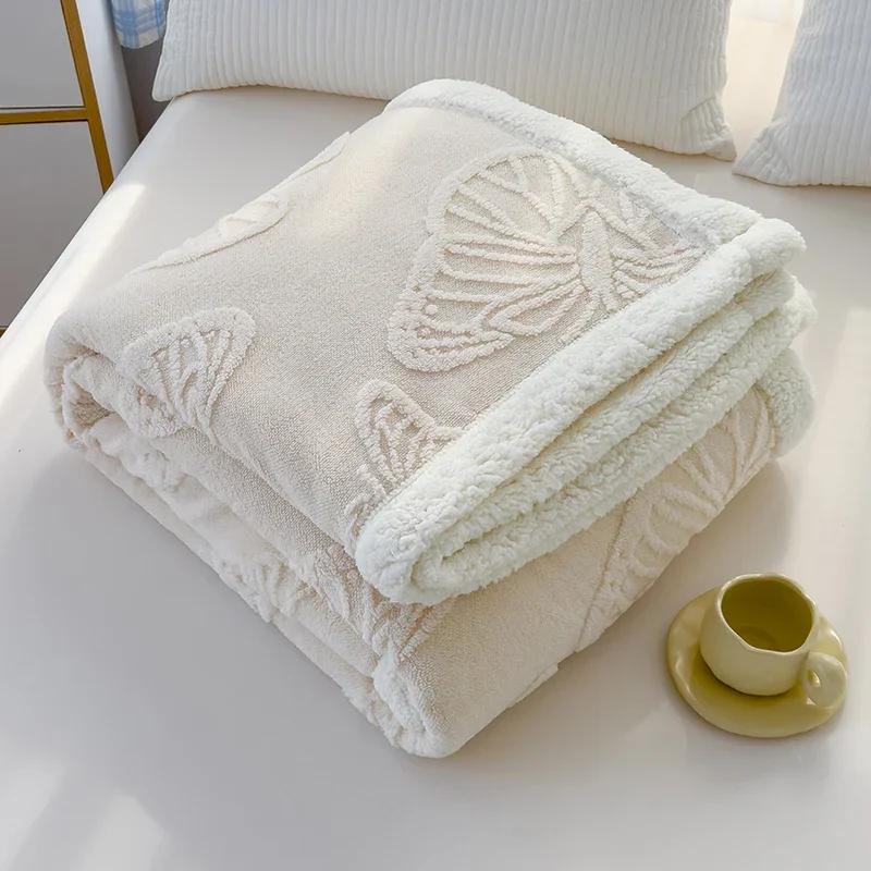 JSoft Warm Coral Fleece Blanket Pink Butterfly Jacquard Winter Thermal Sofa Throw Thick Bed Blanket Nap Knee Small Quilts
