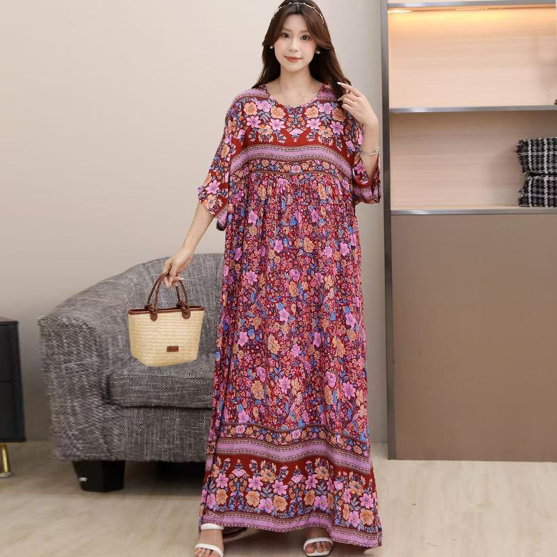South East Asia 100kg super fat dress fat girl plus short sleeve maternity dress loose floral beach long skirt