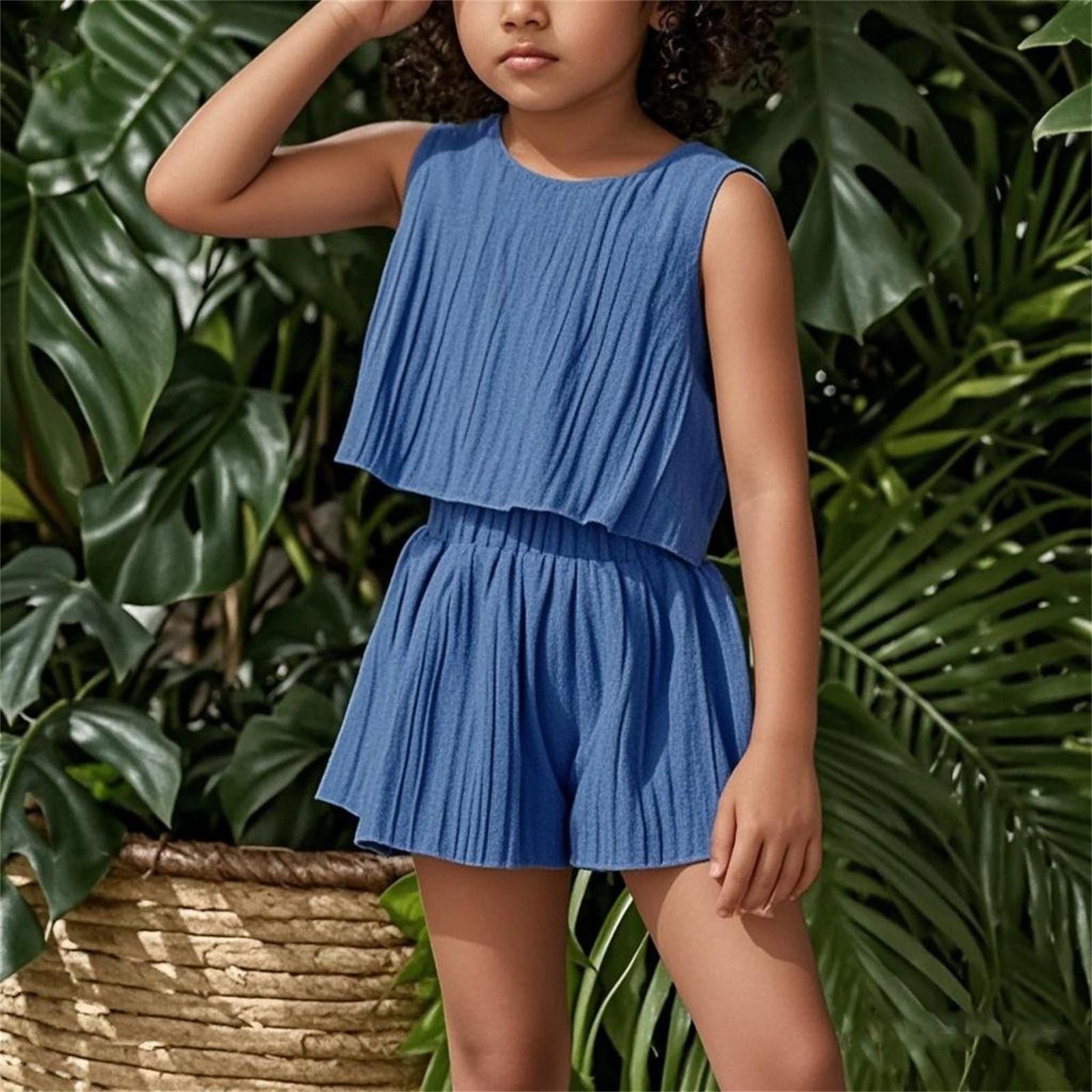 

Летняя детская повседневная одежда, без рукавов, однотонная, свободная и удобная, комплект из двух предметов: топ и шорты 7Y