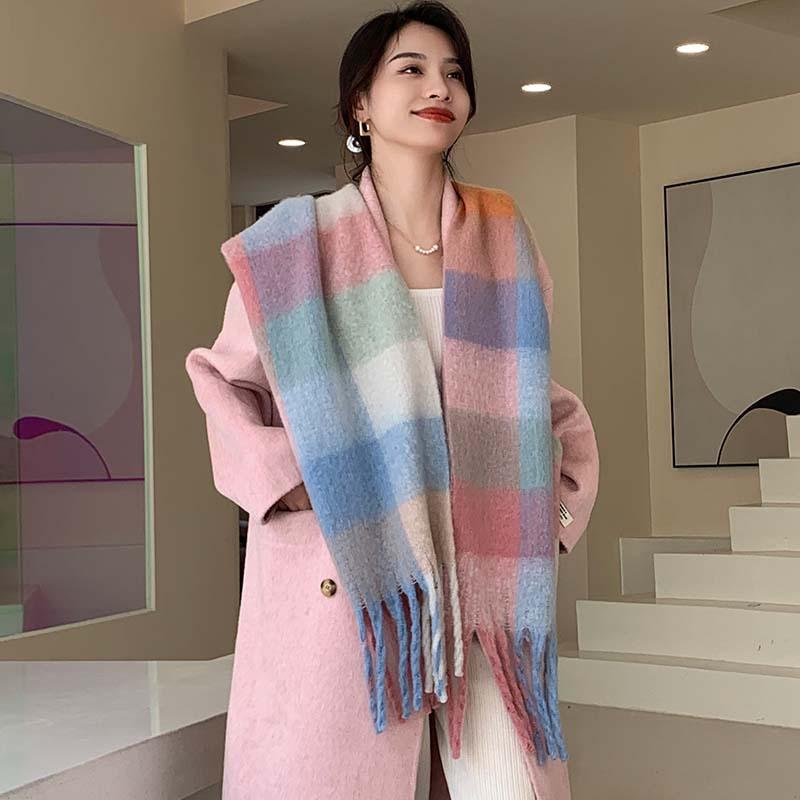 Winter New Scarf Women's Winter Thickened Warm Scarf Colored Plaid Fringed Scarf Shawl Fashionable Outer Cover