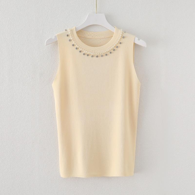 Women Summer New Round Neck Beading Tank Tops Elegant Slim Fit Knitted Casual Base Female Sleeveless Tanks Vest Simple Sweet Fashion Lady Camis 3115