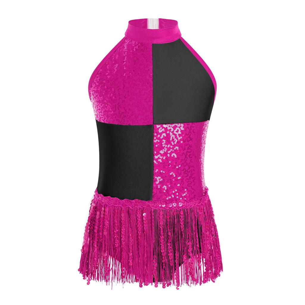 Girls Sparkly Latin Dance Leotard Color Block Shiny Sequins Tassel Halter Sleeveless Performance Costume