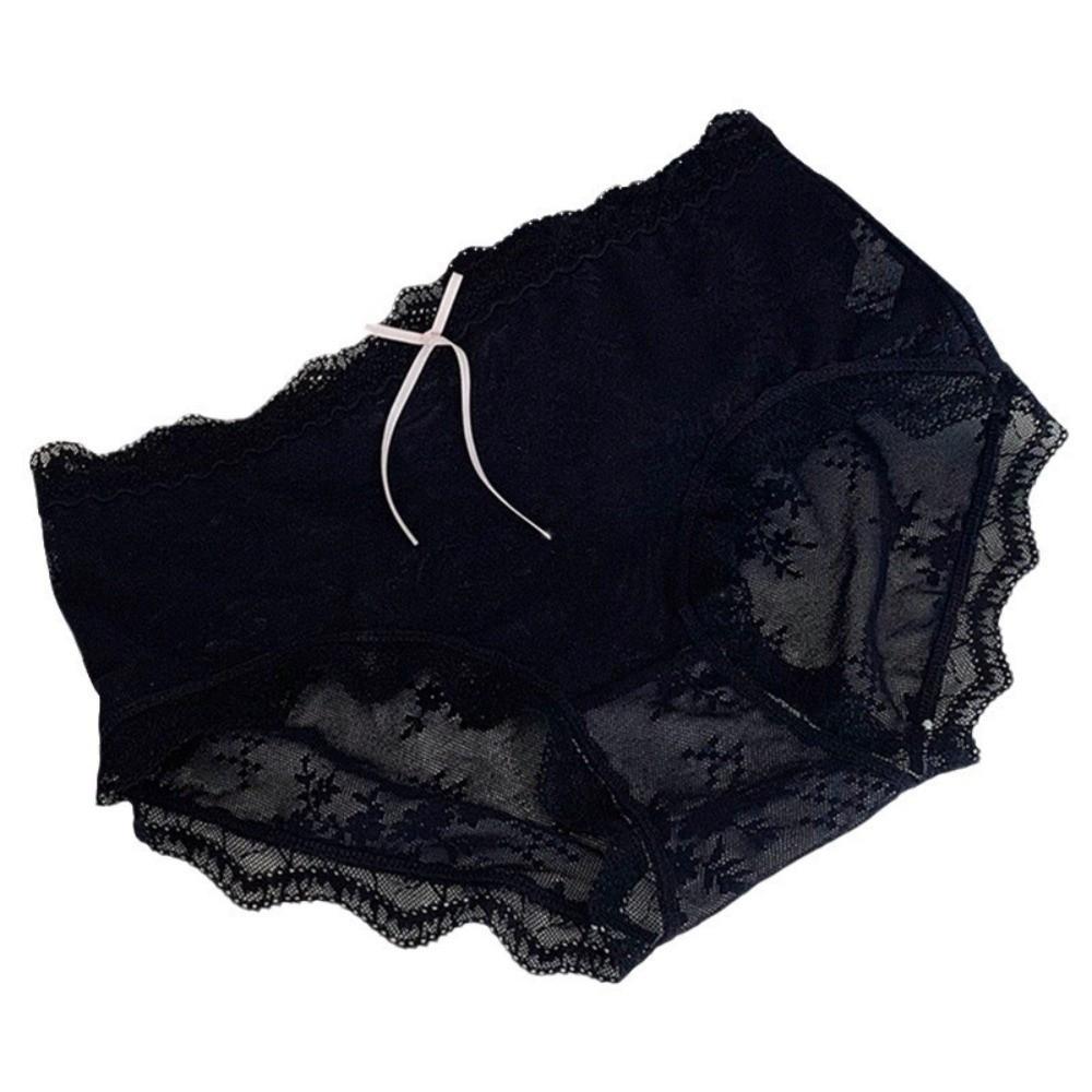 Sweet Mid Waist Lace Panties Cotton Crotch Briefs Underwear for Women Bow Transparent Mesh Lace Briefs Summer