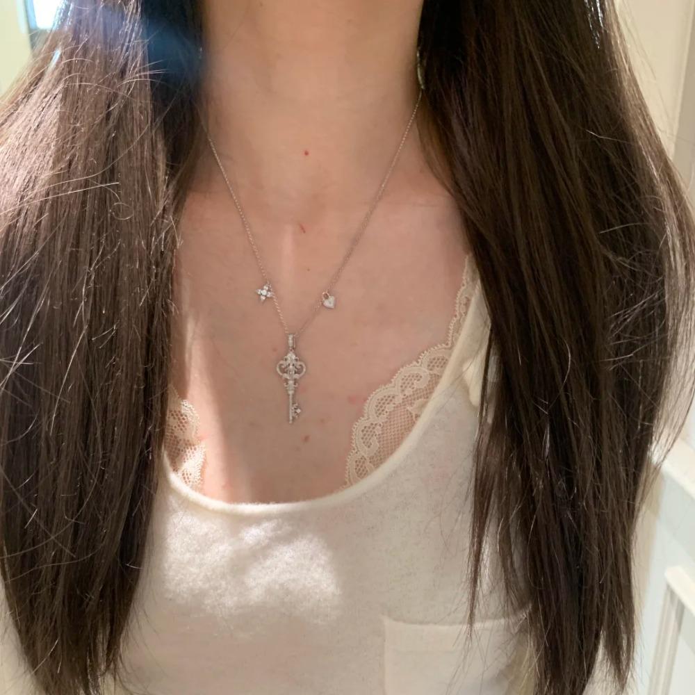 French Vintage Brushed Iris Key Necklace Women Elegant Zircon Design High End Pendant Collarbone Chain