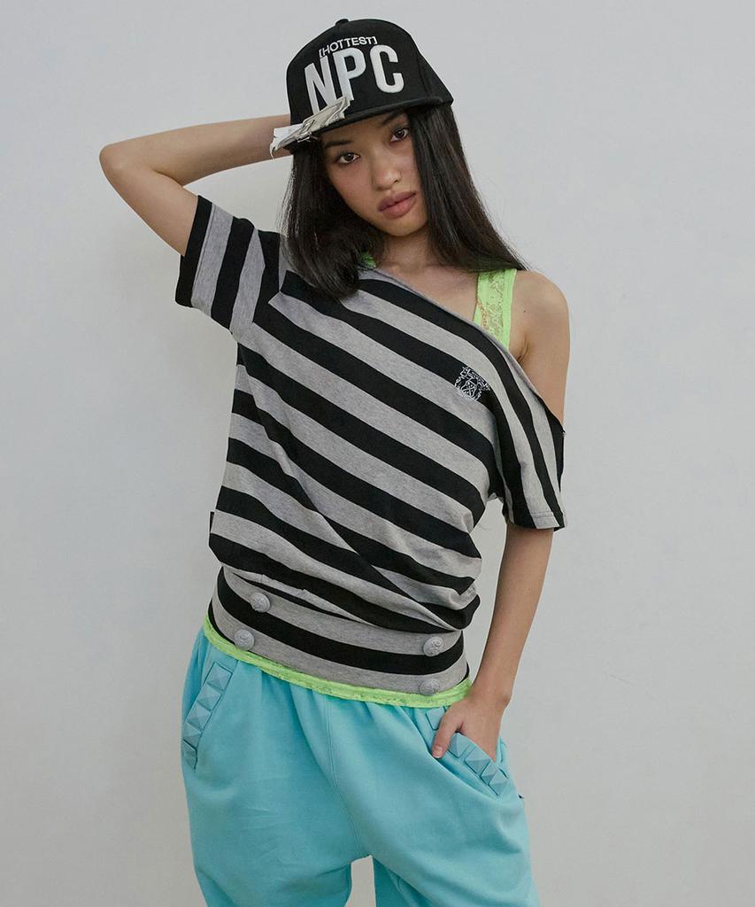 SCULPTOR Button Stripe Tee Melange Gray