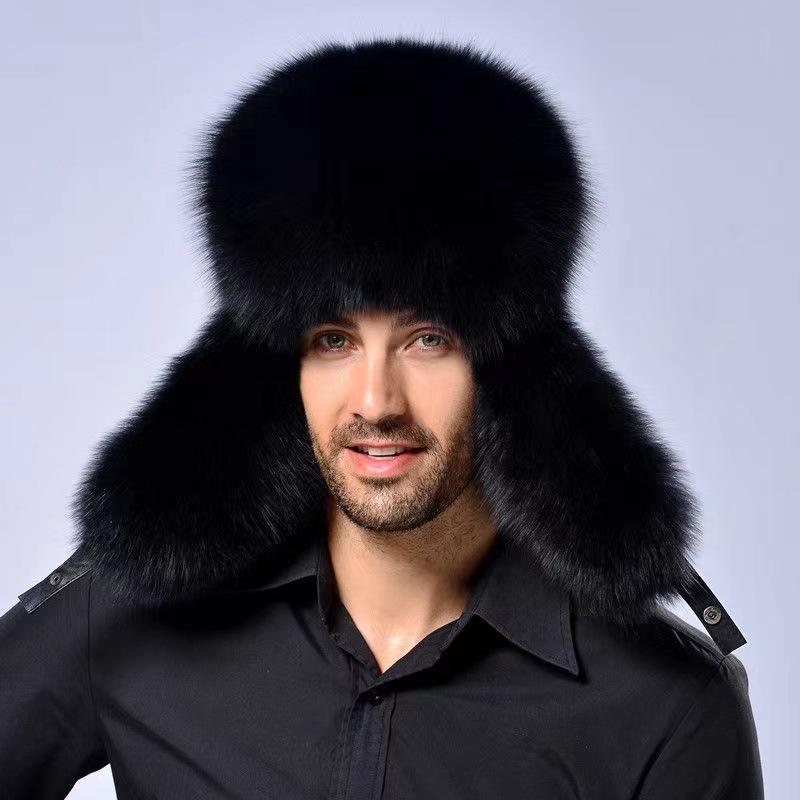 Fox hair Lei Feng hat, men's winter thickened fur cycling warm windproof ear protection hat, ski hat Russian outdoor