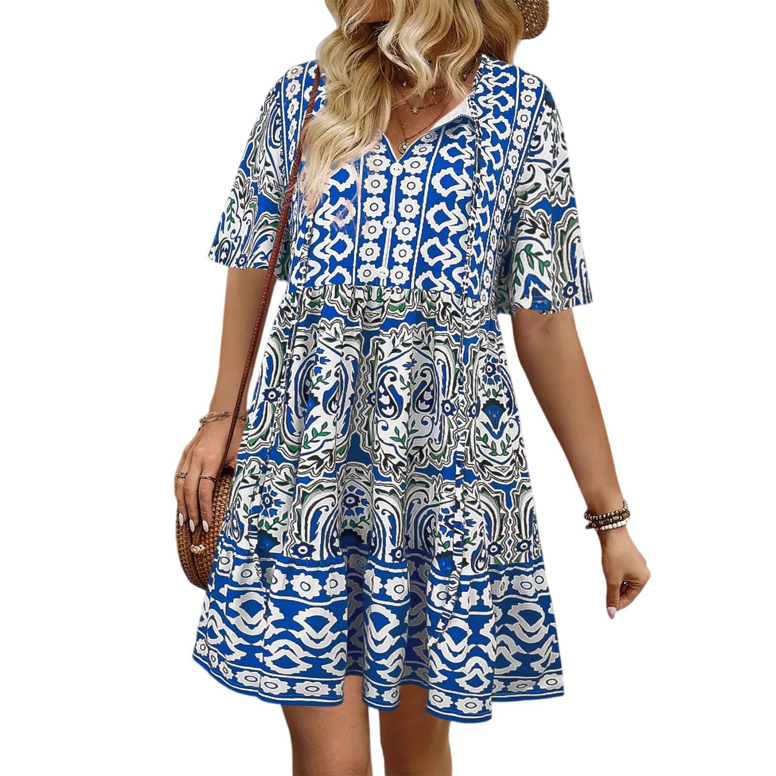 

Женское модное платье в богемном стиле с принтом и V-образным вырезом XXL синий