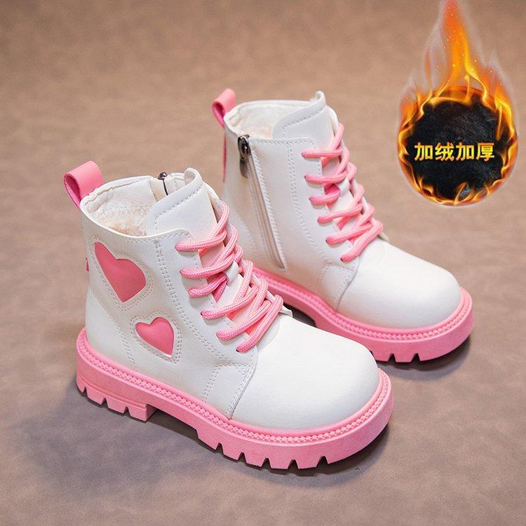 Girls Fashion Boots Kids Rubber Leather Boots Autumn and Winter Cotton Soft Sole Pink with Love Side Zip Children Princess Boots
