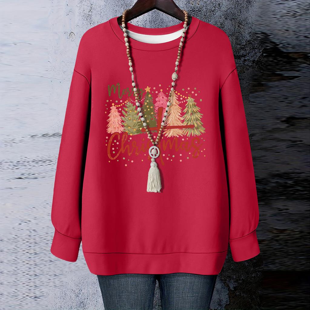 Ladies' Christmas Printed Round Neck Long Sleeved T-shirt Sweatshirt Top