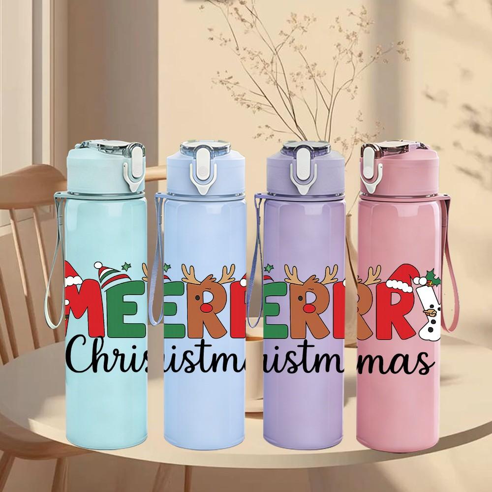 1PC Merry Christmas Text Retro 750ml Color Plastic Sports Water Bottle Leakproof Flip Straw Lid Suitable for Sports Office Home Use