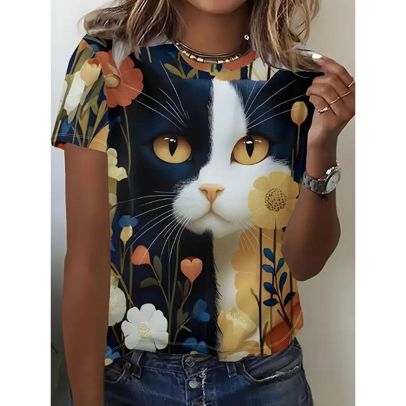 Cute Cartoon Cat Pattern T Shirt For Women Funny Animal 3D Printed Short Sleeves Tees Summer Oversized T-Shirts O-Neck Kids Tops