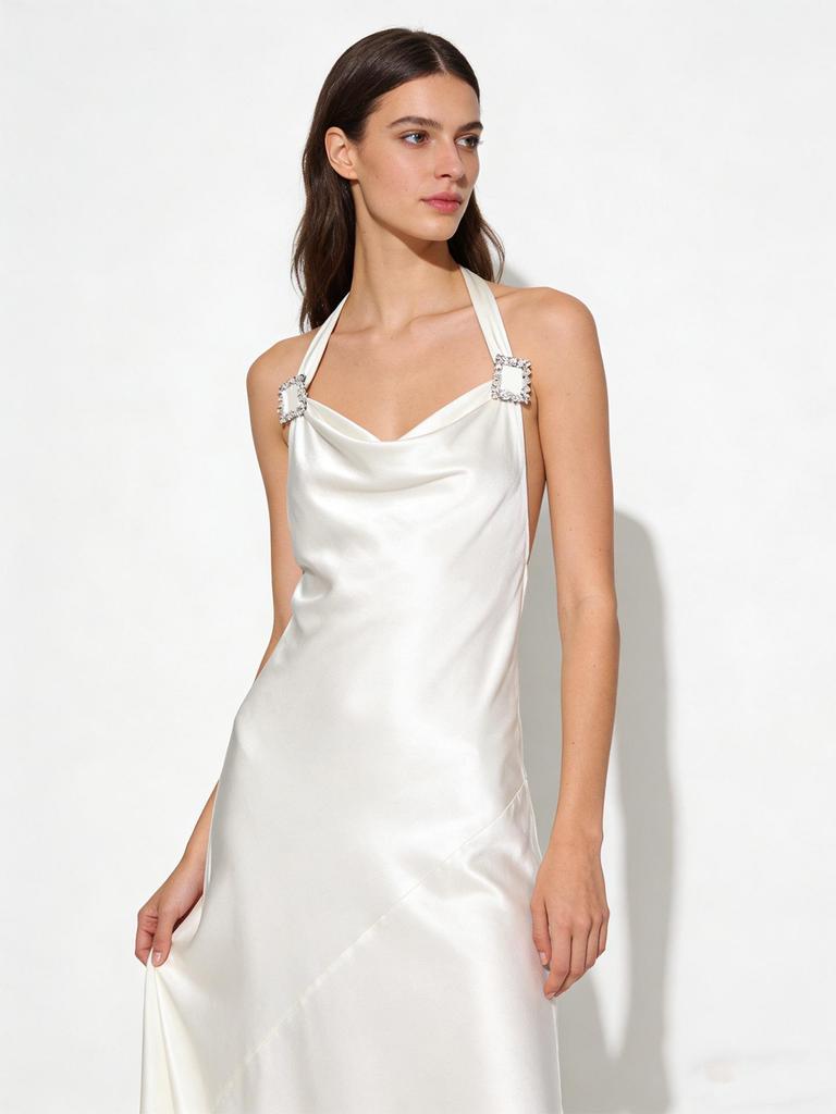 Elegant Acetate Halter Neck Dress with Crystal Buckle